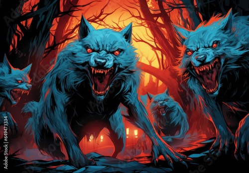 Aggressive alpha black wolf with red eyes. Pack of wild wolves. His eyes are burning. Mythical animal - warg. Werewolf face closeup. Evil looking dog. Illustration for varied design.