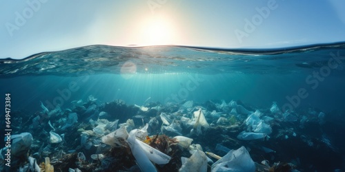 illustration of ocean pollution, waste in underwater, generative AI photo