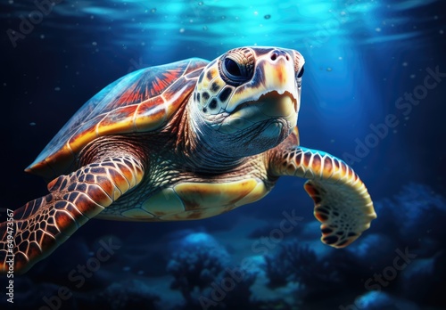 A close-up of a turtle swimming in the ocean with clear blue water. Illustration for cover, card, postcard, interior design, decor or print. © Login