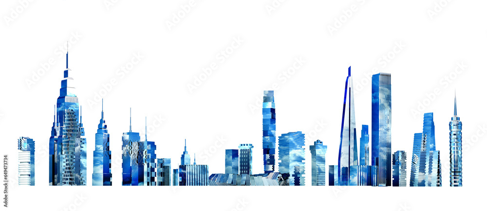 Beautiful city with glossy skyscrapers and office buildings and blue sky reflection. 3D rendering illustration