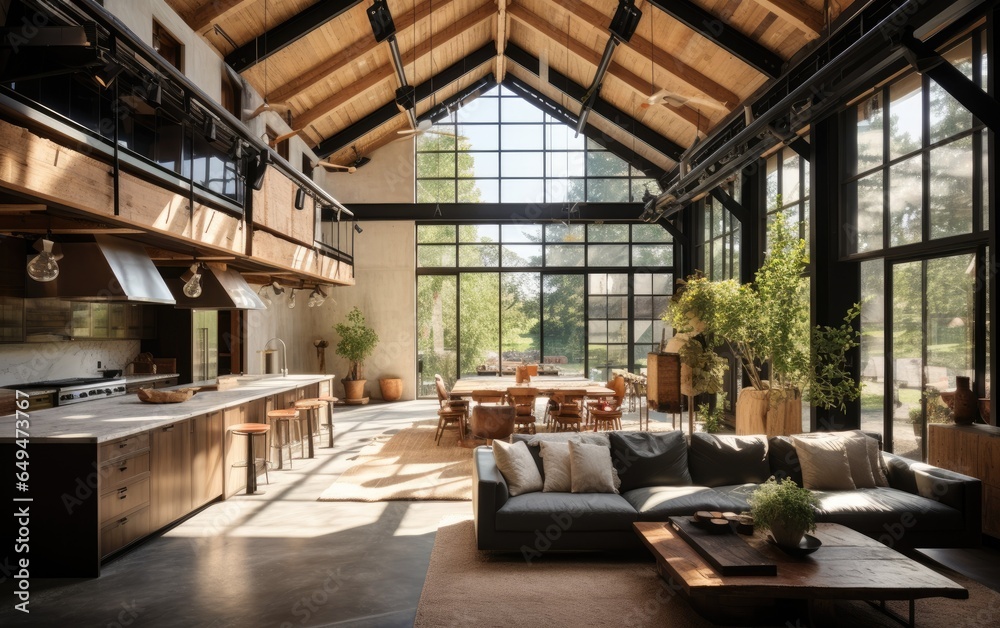 Modernized barn house with high ceilings and industrial accents. Generative AI - obrazy, fototapety, plakaty 