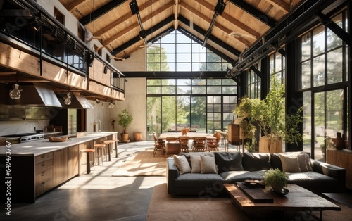 Modernized barn house with high ceilings and industrial accents. Generative AI © piai
