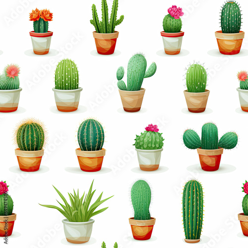 Seamless pattern of different various cactuses in pots isolated on a white background