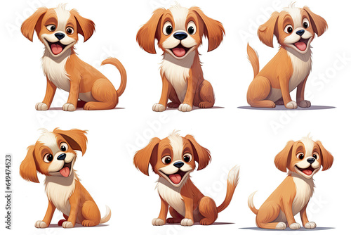 Group of cute brown and white cartoon puppy dog in different poses isolated on a white background