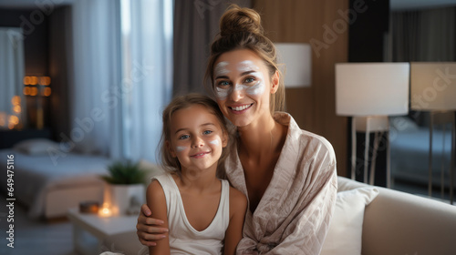 Generative AI, mother and daughter, woman and little girl in a spa salon, doing beauty treatments together, skin care, nourishing face mask, natural cosmetics, mother's day, family, hotel, vacation