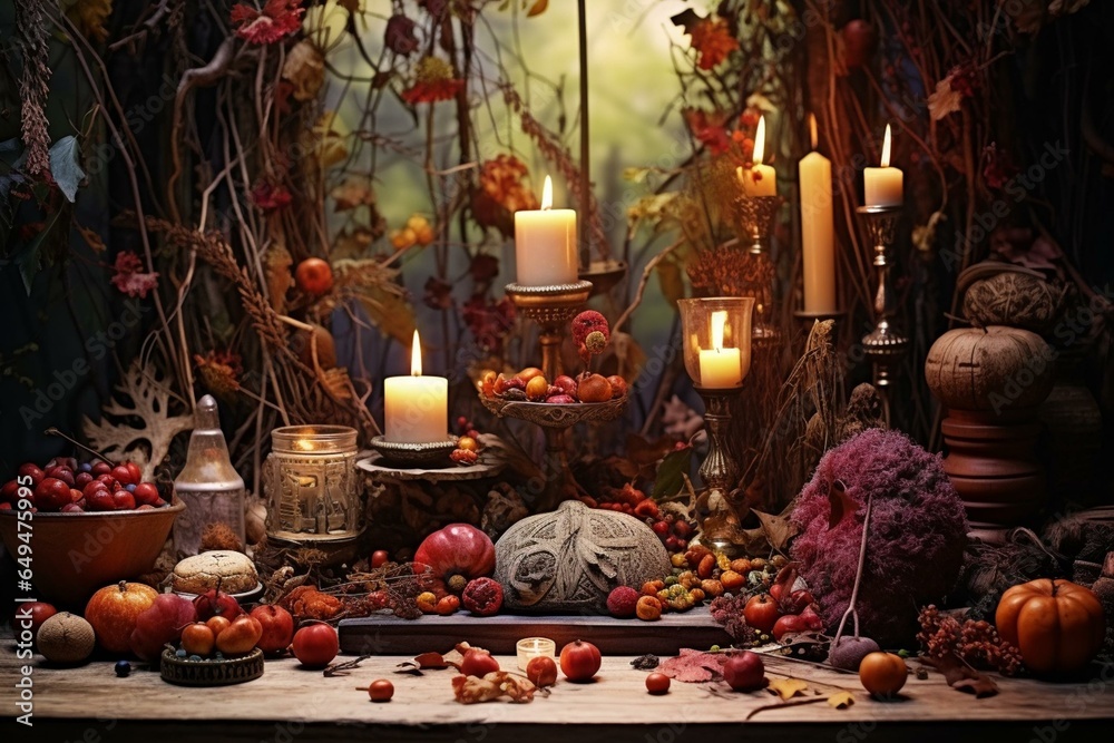 Mystical autumn altar adorned with candle, leaves, fruits, berries, and nuts in a magical forest. Anime-inspired esoteric ceremony for Mabon sabbat witchcraft and spiritual ritual. Generative AI - obrazy, fototapety, plakaty 