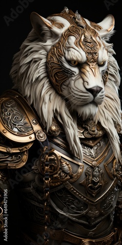 illustration of tiger in medieval silver armor, generative AI