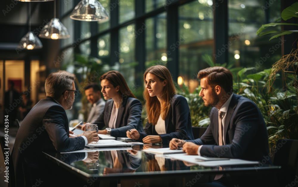 Group of business professionals around a meeting room table. Generative AI