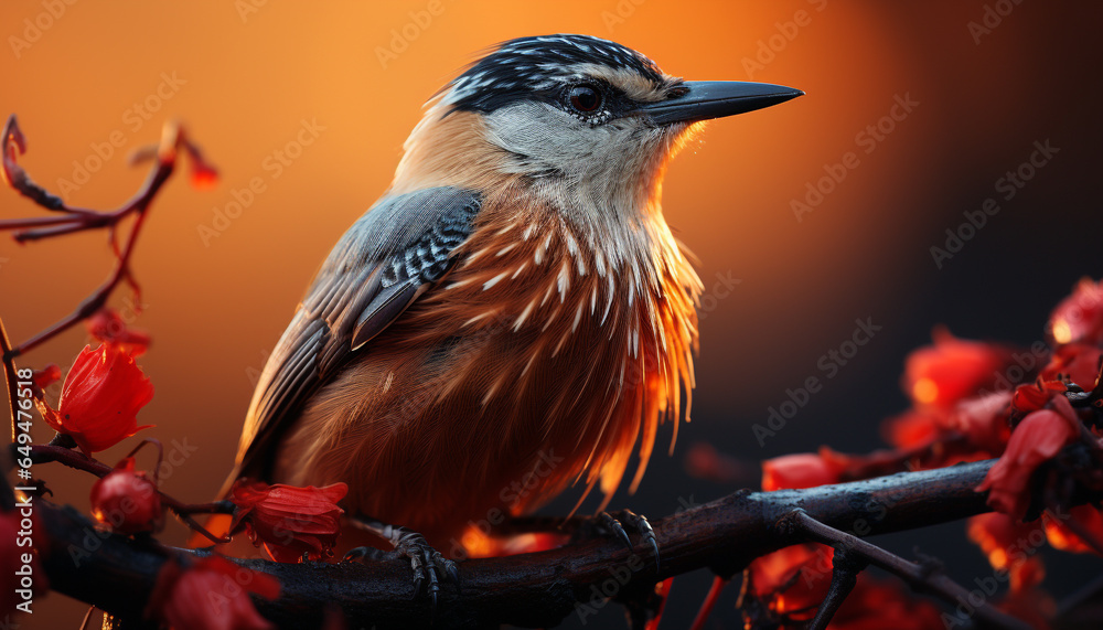 A vibrant, multi colored bird perches on a branch, surrounded by nature generated by AI