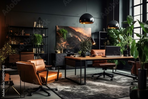 modern masculine office workspace with black desk, brown armchair, pc, personal accessories. Generative AI photo