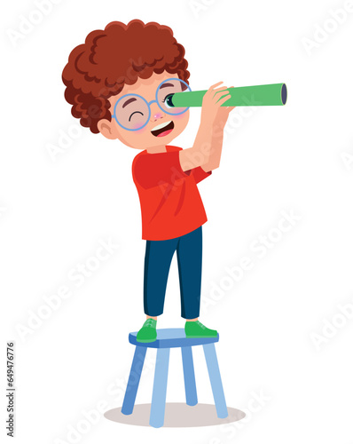 Boy observing with paper binoculars