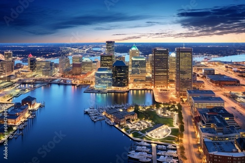 Aerial view of Baltimore's downtown skyline in Maryland, USA. Generative AI