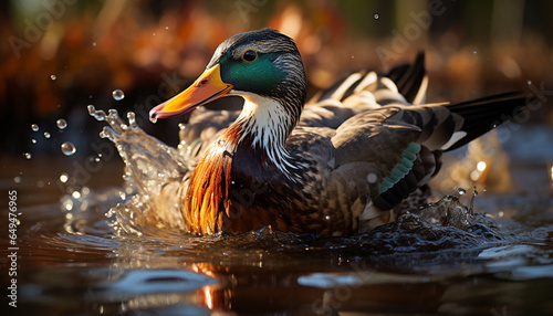 A beautiful male mallard duck swimming in a tranquil pond generated by AI