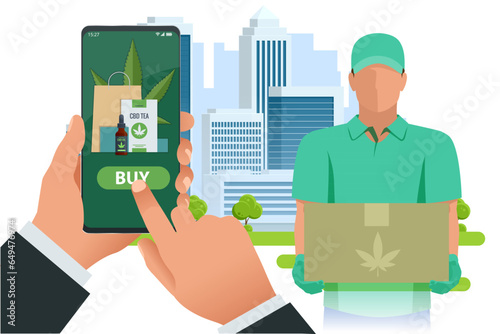 Isometric Legalized marijuana. Order cannabis or cbd product online via mobile application. Cannabis online store with Cannabis products. Herbal alternative medicine, cbd oil, pharmaceptical industry