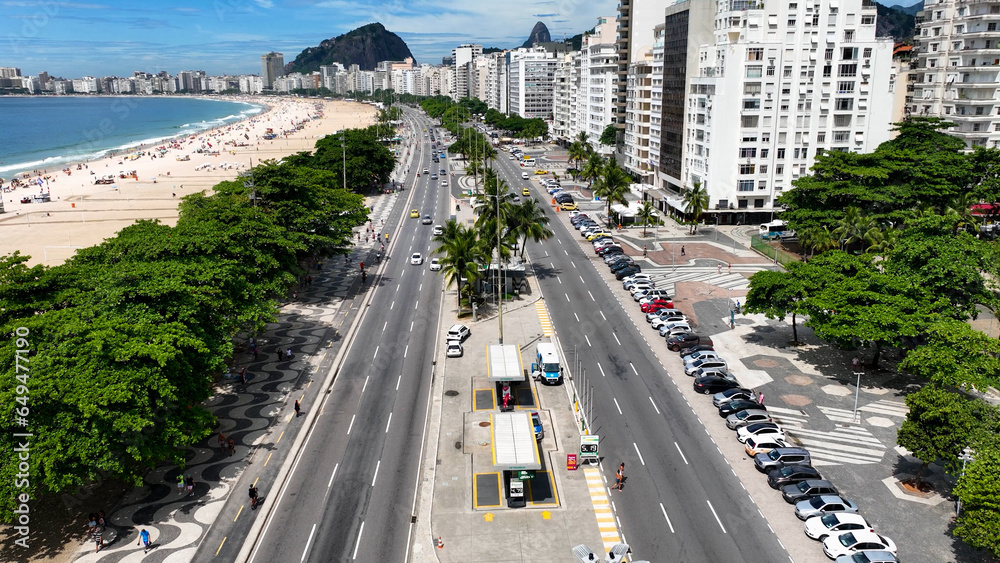 Coastal Avenue At Copacabana Beach In Rio De Janeiro Brazil. Travel Destinations. Tourism Scenery. Copacabana Beach At Rio De Janeiro Brazil. Summer Travel. Tropical Scenery.
