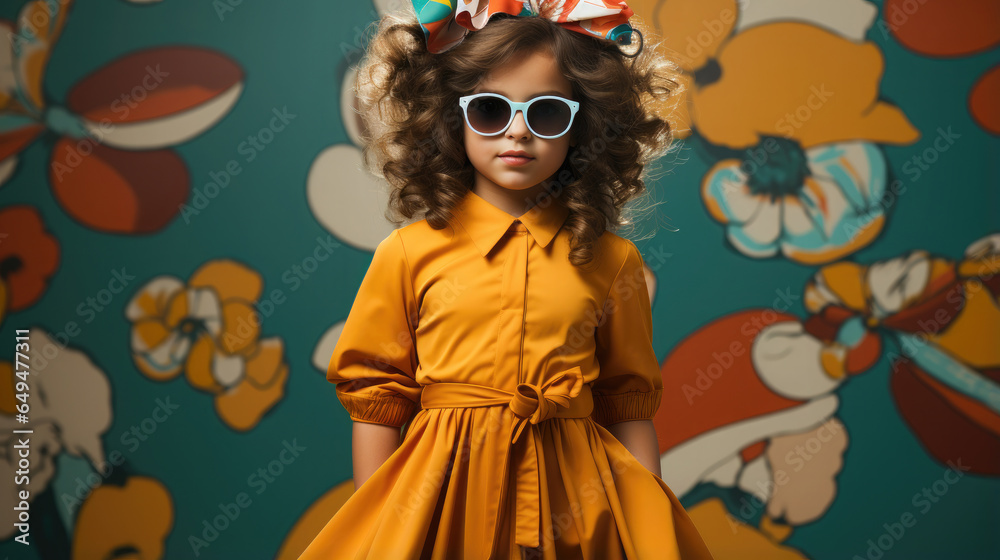 Generative AI, a little girl with a trendy hairstyle in an elegant dress in the mod style stands on a colorful rich background, fashionable child, children's fashion, 50s clothes, shop, magazine