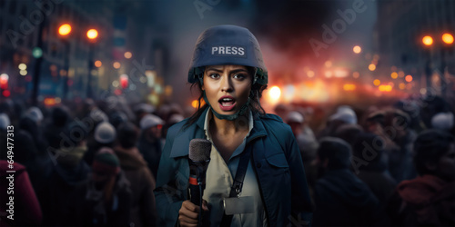 breaking news female woman reporter covering live event for news media and television press headlines standing in the middle of the street holding microphone wearing helmet and vest