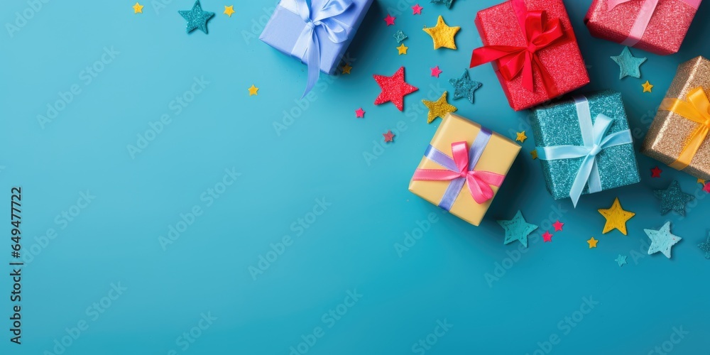 Christmas composition flat top view. Background gift boxes and Christmas decorative ornaments. Merry christmas and a happy new year. Holiday banner and poster. Clean space for text - obrazy, fototapety, plakaty 