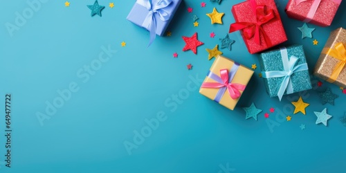 Christmas composition flat top view. Background gift boxes and Christmas decorative ornaments. Merry christmas and a happy new year. Holiday banner and poster. Clean space for text