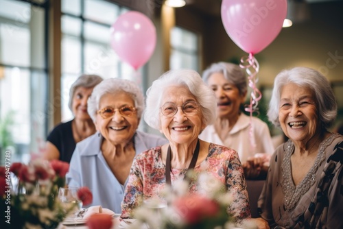 Happy senior woman celebrating her birthday in a nursing home with her female friends