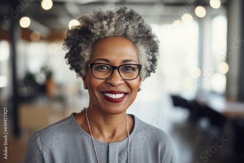 Smiling portrait of a happy senior african american woman working in a modern business office for a startup company