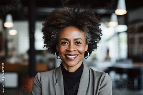 Smiling portrait of a happy senior african american woman working in a modern business office for a startup company