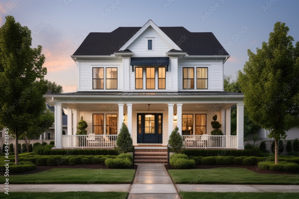 Exterior of a classic and modern house situated in the suburbs of a town or city in the USA
