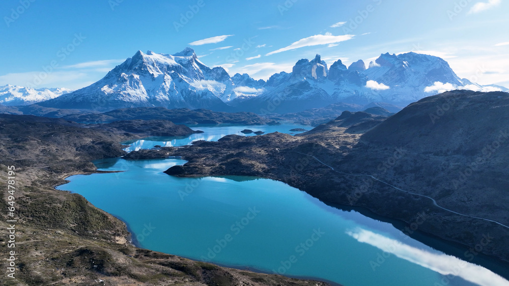 National Park Of Torres Del Paine In Punta Arenas Chile. Snowy Mountains. Glacial Scenery. Punta Arenas Chile. Winter Travel. National Park At Torres Del Paine In Punta Arenas Chile.