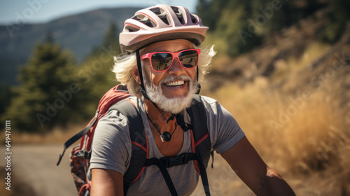 senior man on bicycle practicing montainbike sport photo