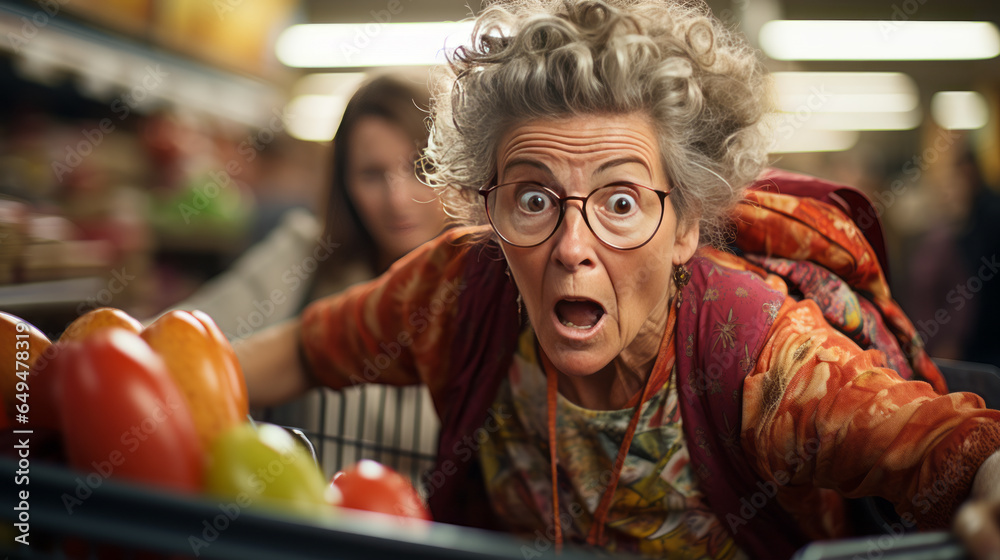 senior woman in supermarket looking at prices scared - obrazy, fototapety, plakaty 