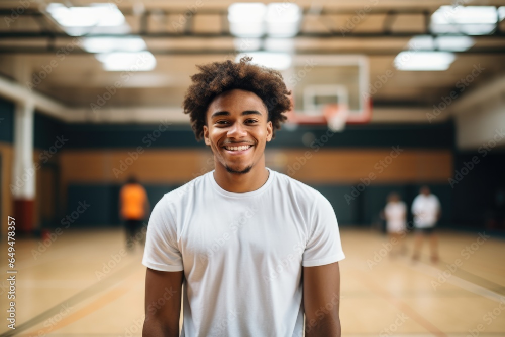 Smiling portrait of a happy young african american basketball player in a indoor basketball gym