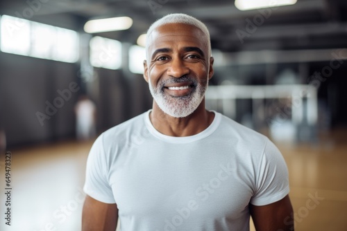 Smiling portrait of a middle aged african american man in an indoor basketball gym