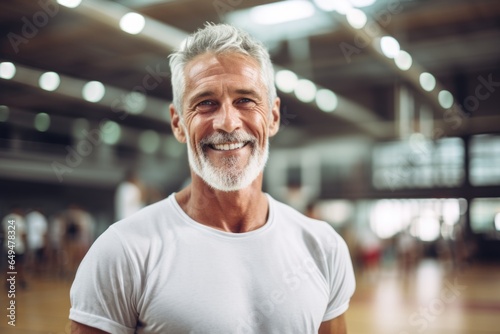 Smiling portrait of a middle aged caucasian man in an indoor basketball gym