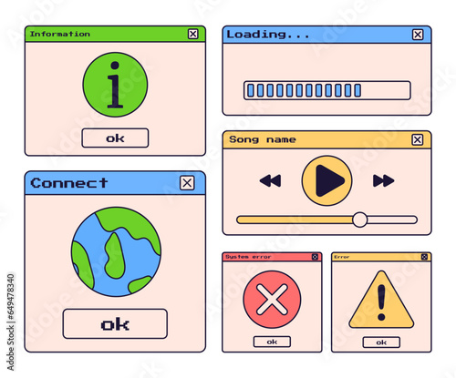90s retro aesthetics minimalistic digital screen user interface. Web page, loading, connect, system error, error, player interface. Vector illustration