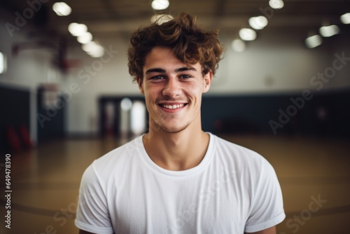 Smiling portrait of a happy young Caucasian basketball player in an indoor gym