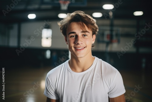Smiling portrait of a happy young Caucasian basketball player in an indoor gym