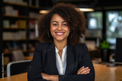 young black lawyer woman dressed with a formal suit with arms crossed looking to camera with a smile 