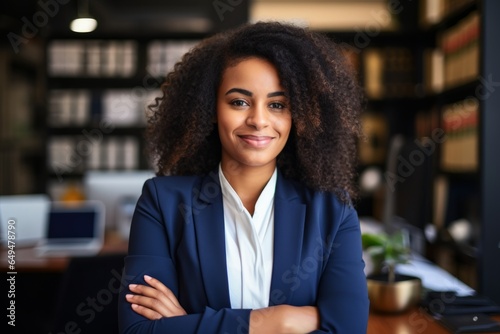 young black lawyer woman dressed with a formal suit with arms crossed looking to camera with a smile 