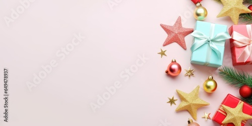Christmas composition flat top view. Background gift boxes and Christmas decorative ornaments. Merry christmas and a happy new year. Holiday banner and poster. Clean space for text