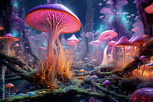 A trippy digital artwork of colorful mushrooms in a psychedelic scenery, depicting an alien world connected through a mycelial network. Generative AI