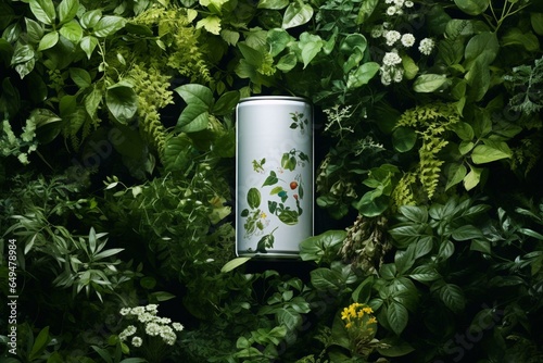 A can wedged amidst foliage, representing pollution. Generative AI