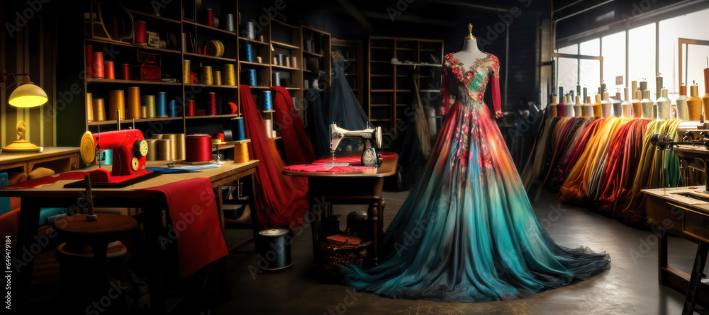 Obraz premium wide banner of women fashion dress design studio or atelier workshop for fashion house and custom tailor clothing talent small business