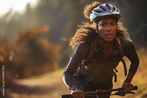 black woman riding a mountain bike rally fast in the countryside. 