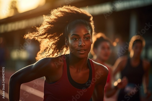black young woman athlete running really fast in an athletism competition photo