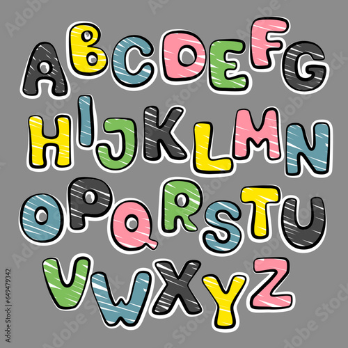 Set of colorful funny, cartoon, vector letters, letter fonts in children's style. Suitable for education, greetings and nursery decoration. It can be used for funny quotes on t-shirts, posters, cards 