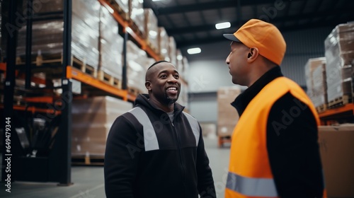 Supervisor and forklift man talking together to discussing cargo shipment in factory warehouse.