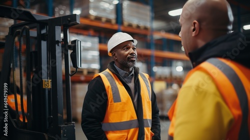 Supervisor and forklift man talking together to discussing cargo shipment in factory warehouse.