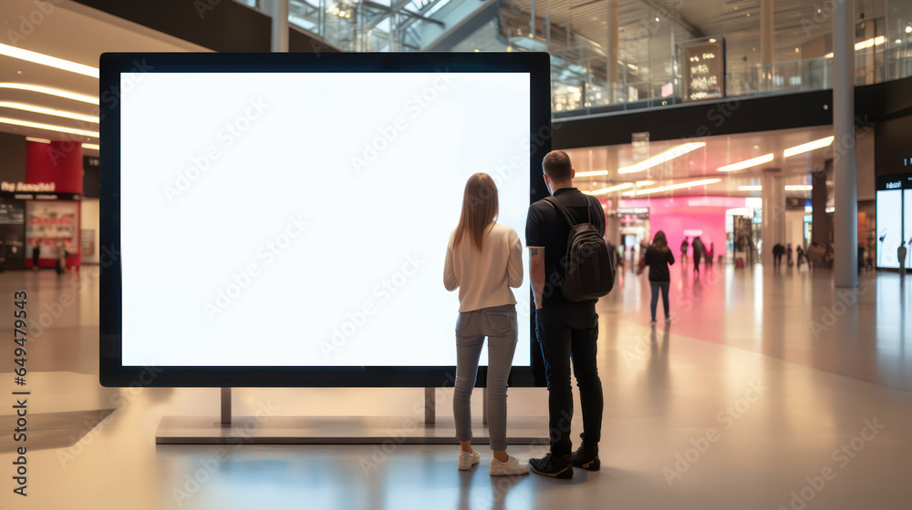 a couple man and a woman standing in-front of a big white mockup blank screen at a shopping mall or center - Generative AI - obrazy, fototapety, plakaty 