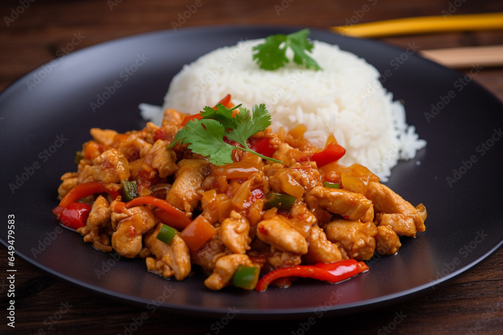 Chilli chicken with steam rice generative AI