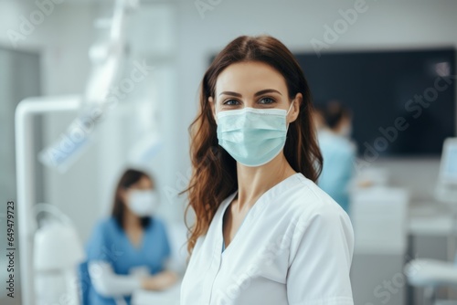 a nurse wearing a mask looking to camera inside a hospital